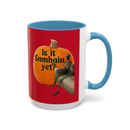 Is It Samhain Yet? Skeleton's Giant Pumpkin Red Accent Mug by CreepyCrafts.boo