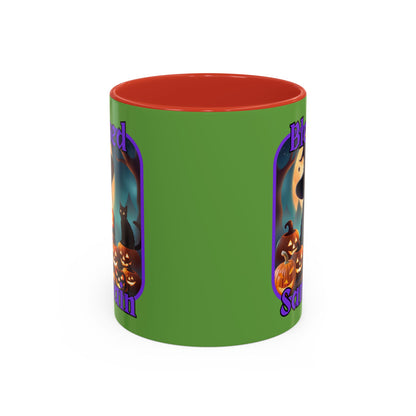 Blessed Samhain Cute Witch Purple font Green Accent Mug by CreepyCrafts.boo