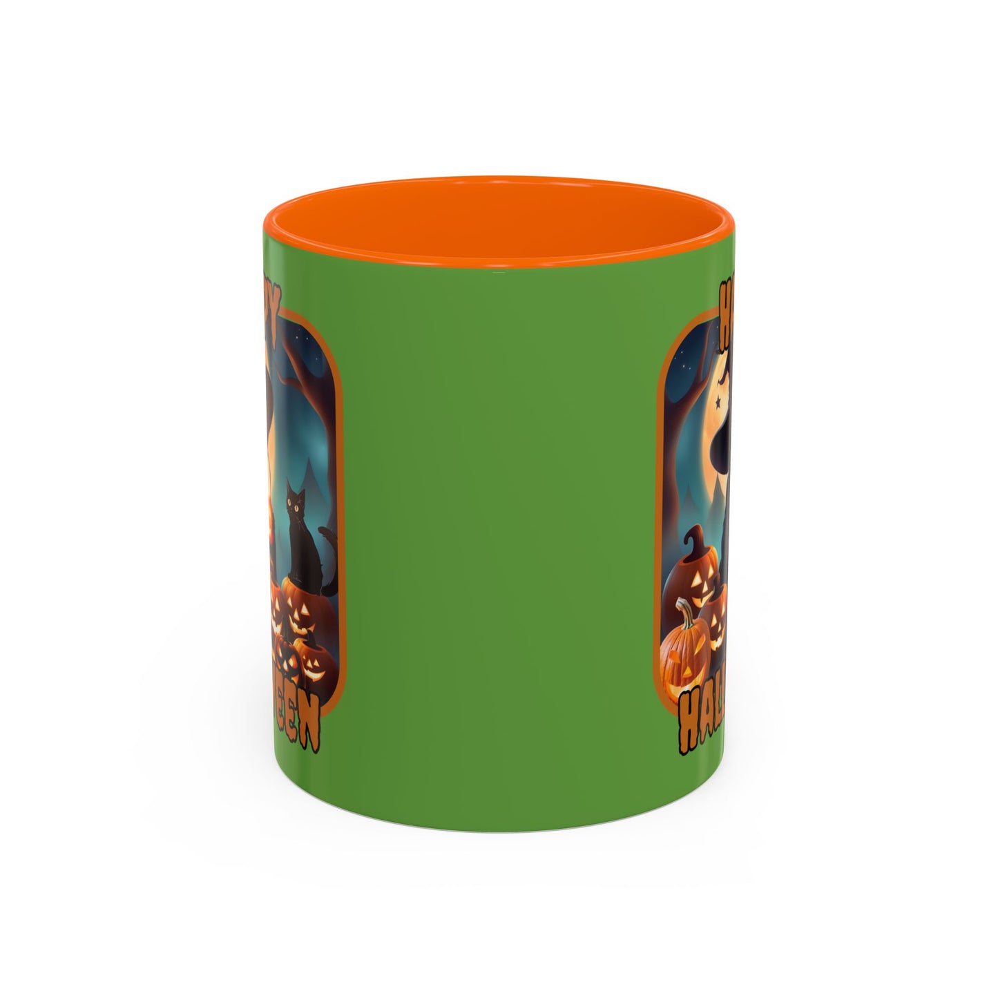 Happy Halloween Cute Witch Orange font Green Accent Mug by CreepyCrafts.boo