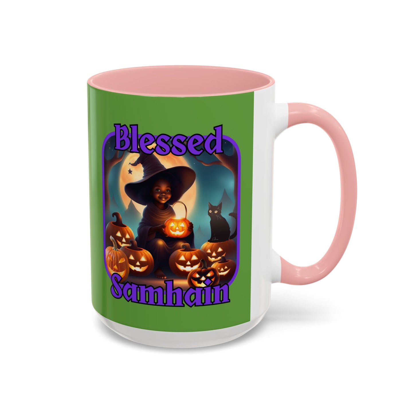 Blessed Samhain Cute Witch Purple font Green Accent Mug by CreepyCrafts.boo