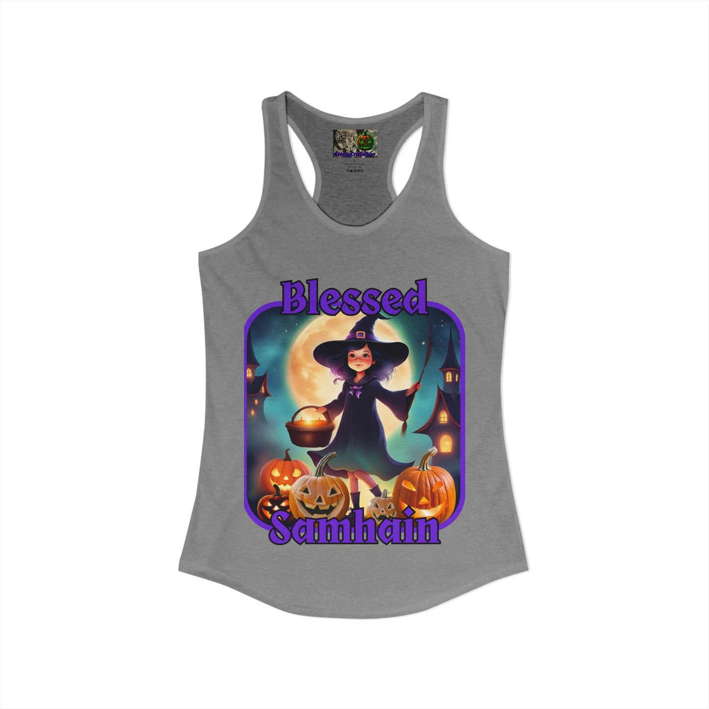 Blessed Samhain Little Witch Purple font Women's Racerback Tank Top by CreepyCrafts.boo
