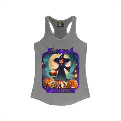 Blessed Samhain Little Witch Purple font Women's Racerback Tank Top by CreepyCrafts.boo