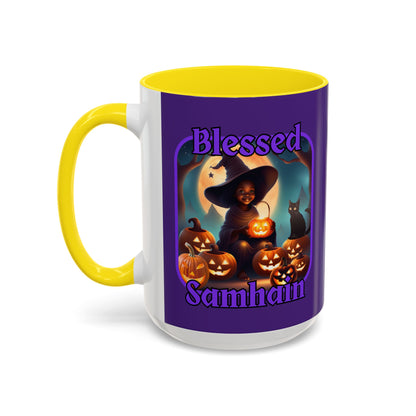 Blessed Samhain Cute Witch Purple font Purple Accent Mug by CreepyCrafts.boo