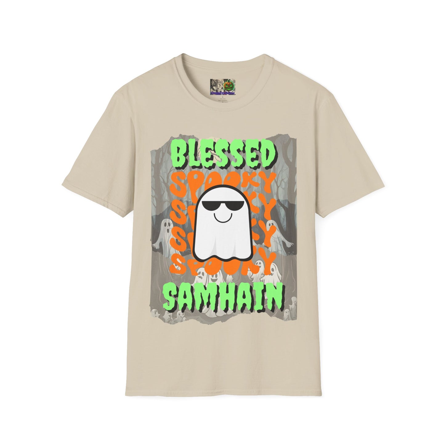 Spooky Blessed Samhain Ghost Green font Unisex T-Shirt by CreepyCrafts.boo