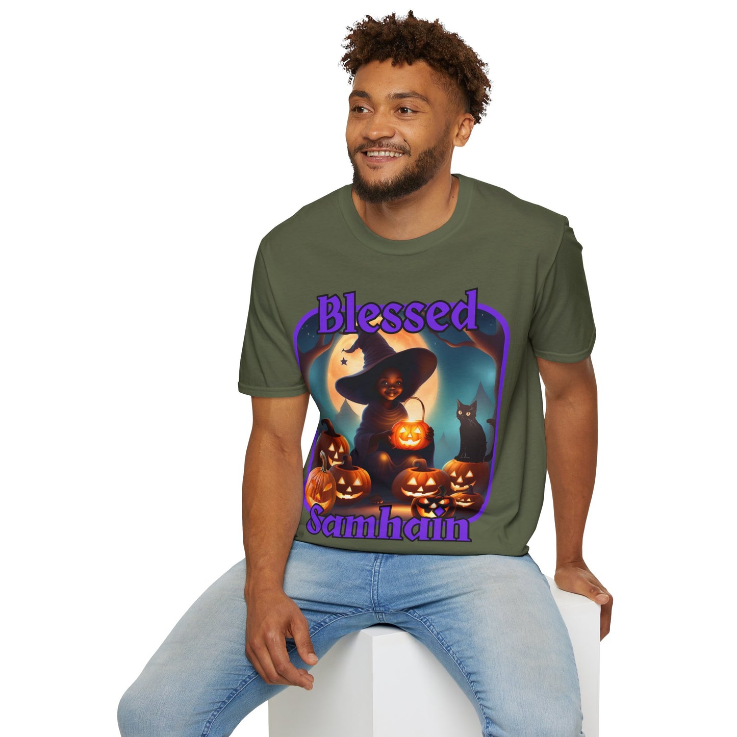 Blessed Samhain Cute Witch Purple font Dark colors Unisex T-Shirt by CreepyCrafts.boo