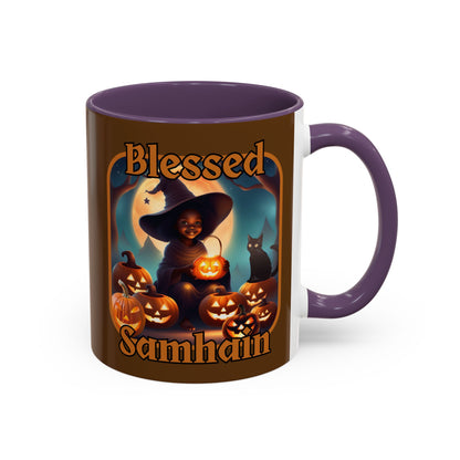 Blessed Samhain Cute Witch Orange font Brown Accent Mug by CreepyCrafts.boo