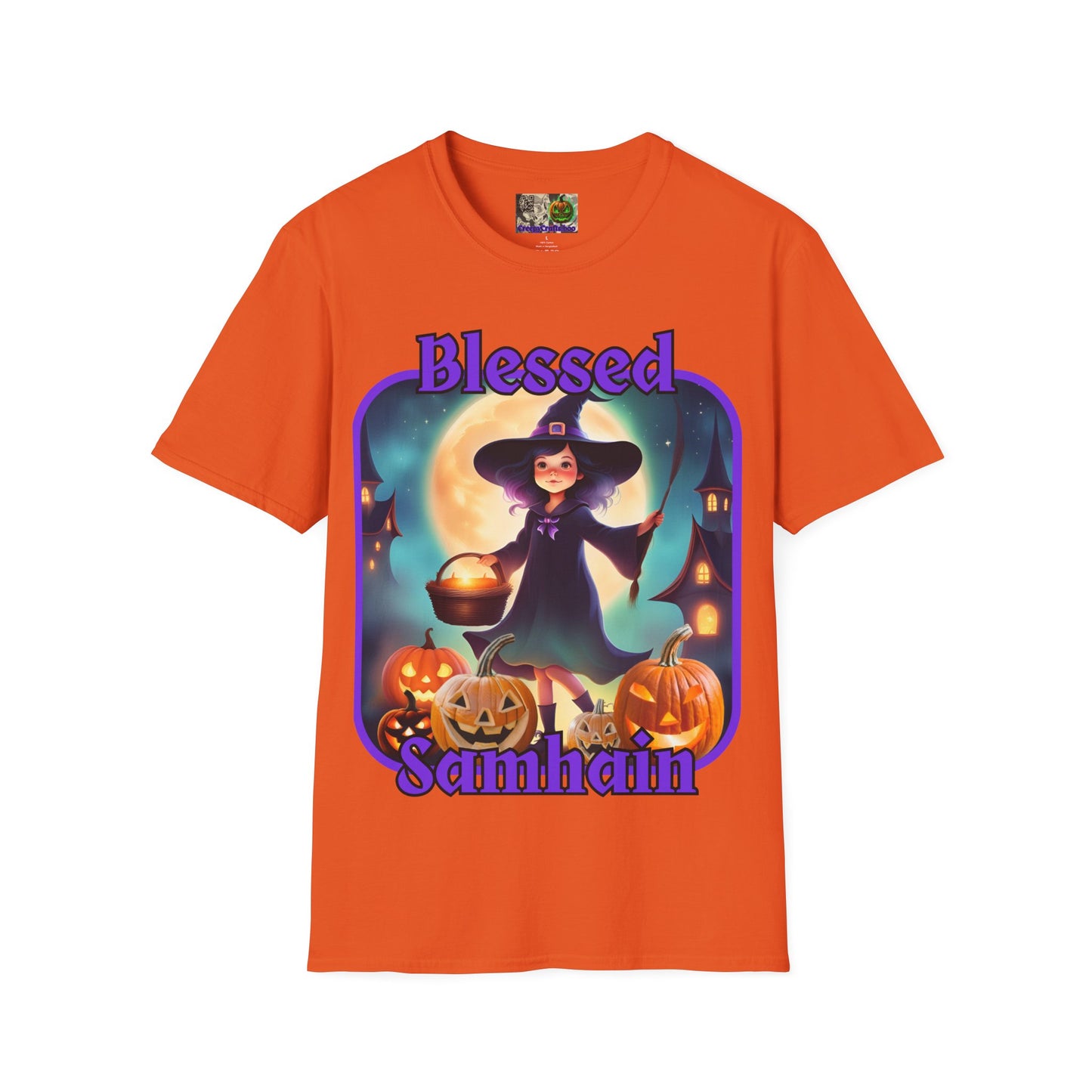 Blessed Samhain Little Witch Purple font Light colors Unisex T-Shirt by CreepyCrafts.boo