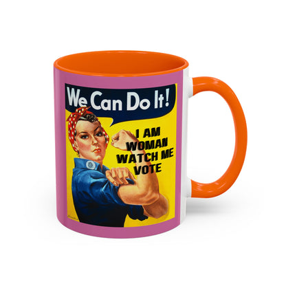 I Am Woman Watch Me Vote Rosie Pink Accent Mug by cypherpunkgear.com