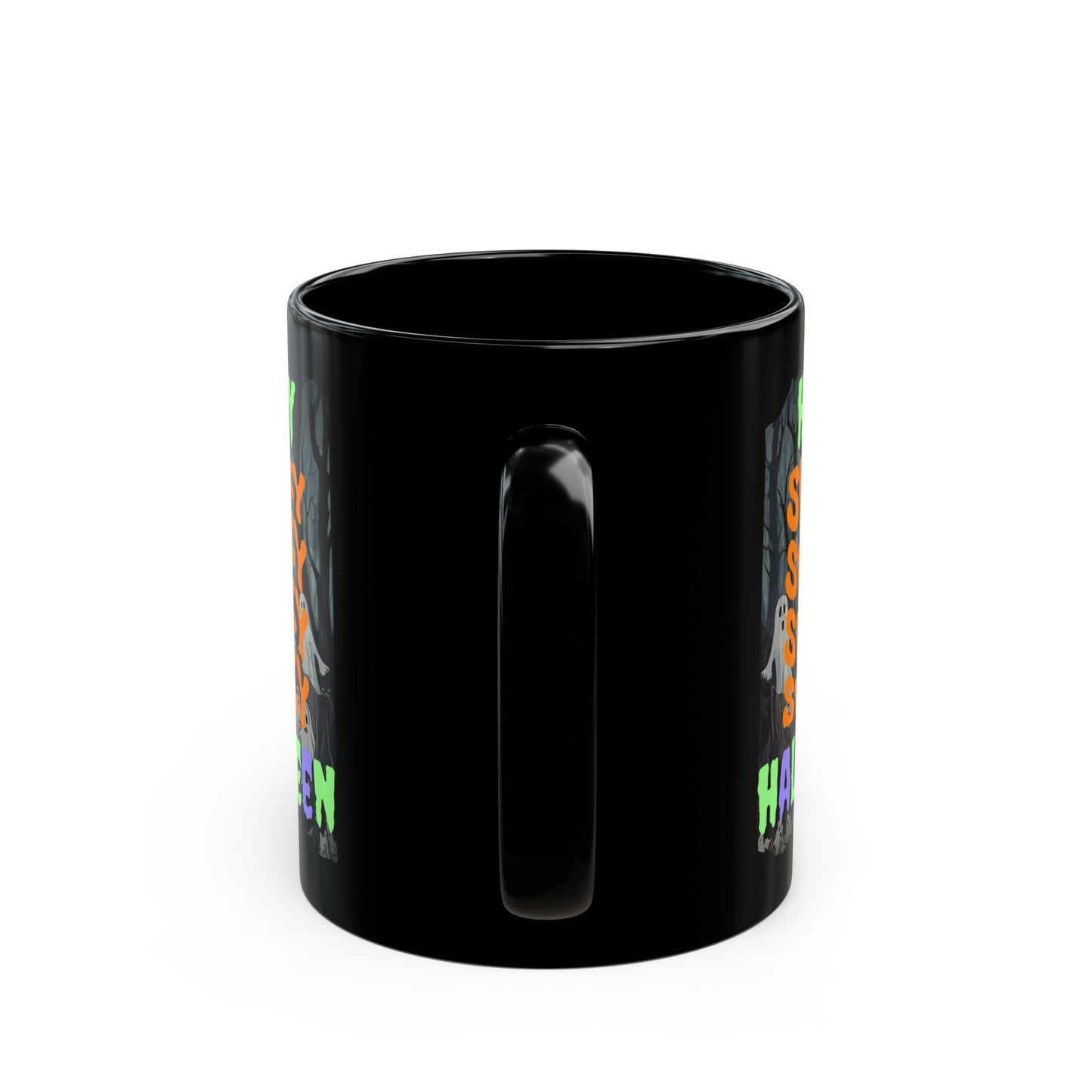 Spooky Happy Halloween Ghost Mixed font Black Mug by CreepyCrafts.boo