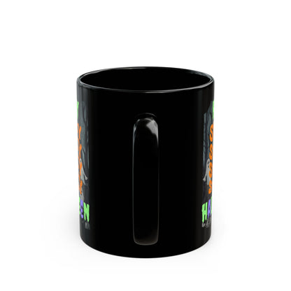 Spooky Happy Halloween Ghost Mixed font Black Mug by CreepyCrafts.boo