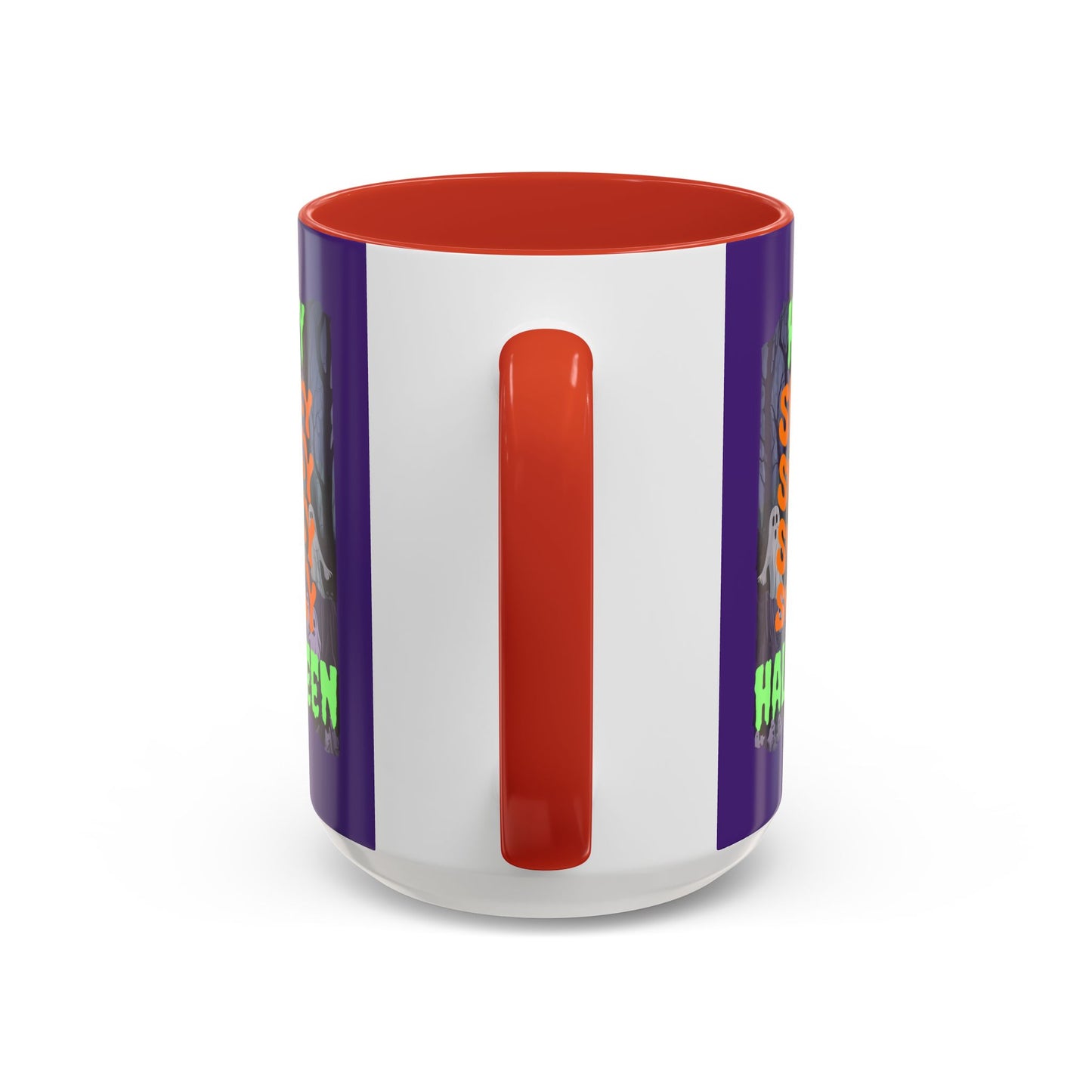Spooky Happy Halloween Ghost Green font Purple Accent Mug by CreepyCrafts.boo