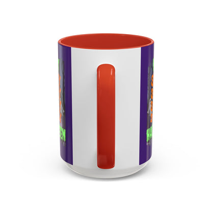 Spooky Happy Halloween Ghost Green font Purple Accent Mug by CreepyCrafts.boo
