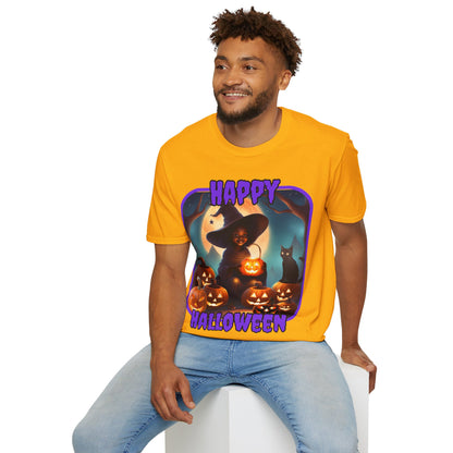 Happy Halloween Cute Witch Purple font Light colors Unisex T-Shirt by CreepyCrafts.boo
