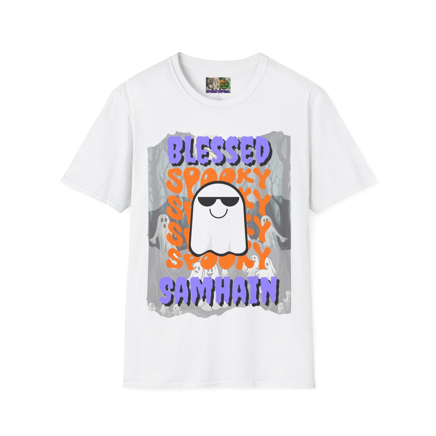 Spooky Blessed Samhain Ghost Purple font Unisex T-Shirt by CreepyCrafts.boo