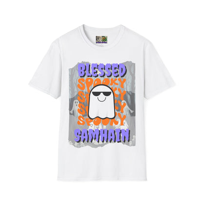 Spooky Blessed Samhain Ghost Purple font Unisex T-Shirt by CreepyCrafts.boo
