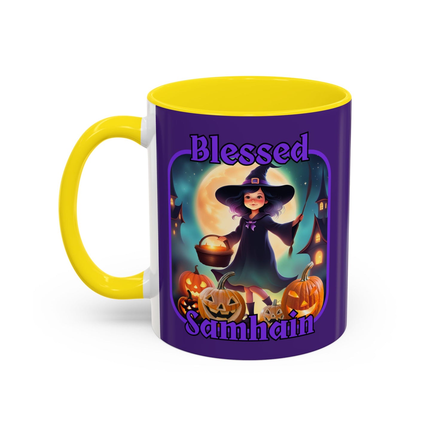 Blessed Samhain Little Witch Purple font Purple Accent Mug by CreepyCrafts.boo