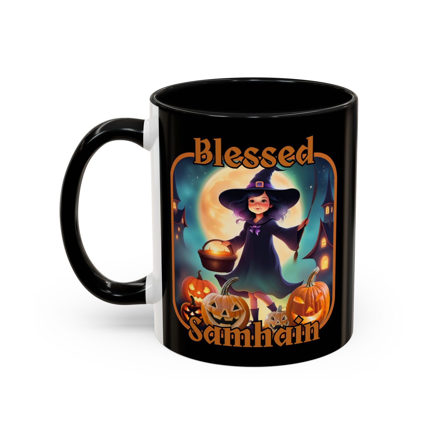 Blessed Samhain Little Witch Orange font Black Accent Mug by CreepyCrafts.boo