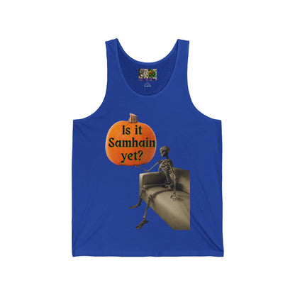 Is it Samhain yet? Skeleton's Pumpkin Unisex Jersey Tank Top by CreepyCrafts.boo