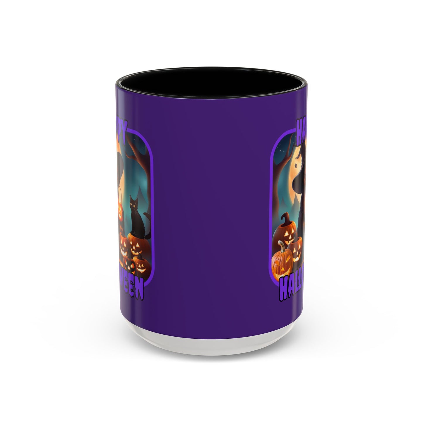 Happy Halloween Cute Witch Purple font Purple Accent Mug by CreepyCrafts.boo