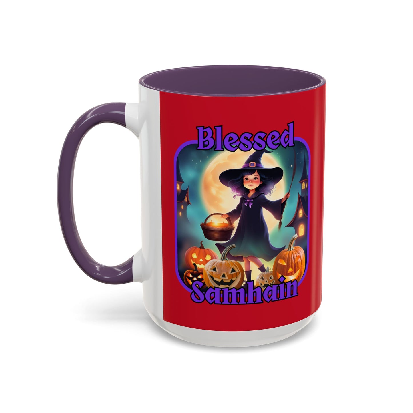 Blessed Samhain Little Witch Purple font Red Accent Mug by CreepyCrafts.boo