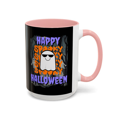 Spooky Happy Halloween Ghost Purple font Black Accent Mug by CreepyCrafts.boo