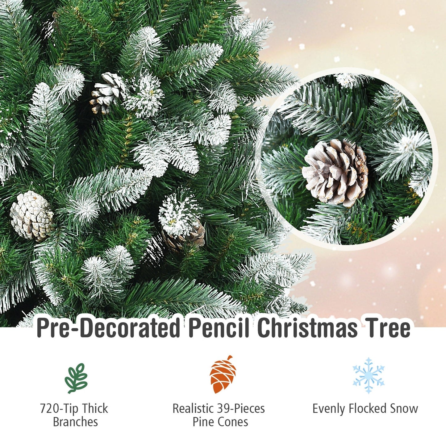 5/6/7.5 Feet Artificial Pencil Christmas Tree with Pine Cones