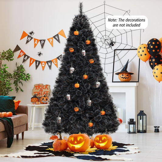 6/7/8 Feet Black Artificial Halloween Christmas Tree with PVC Branch Tips and 210/320/450 Cool White LED Lights