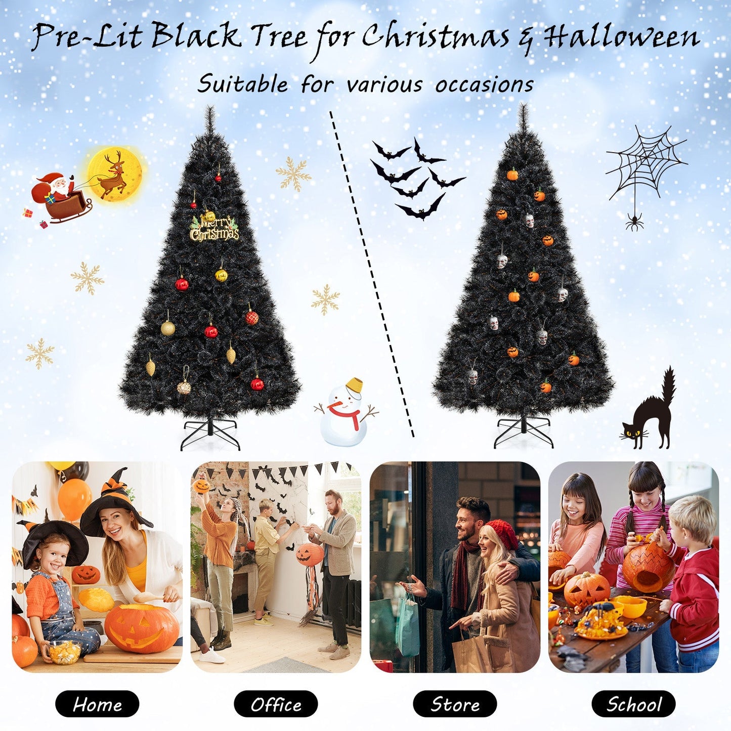6/7/8 Feet Black Artificial Halloween Christmas Tree with PVC Branch Tips and 210/320/450 Cool White LED Lights
