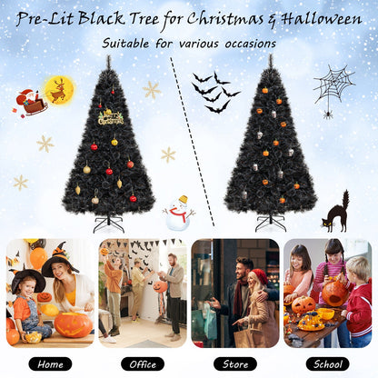 6/7/8 Feet Black Artificial Halloween Christmas Tree with PVC Branch Tips and 210/320/450 Cool White LED Lights
