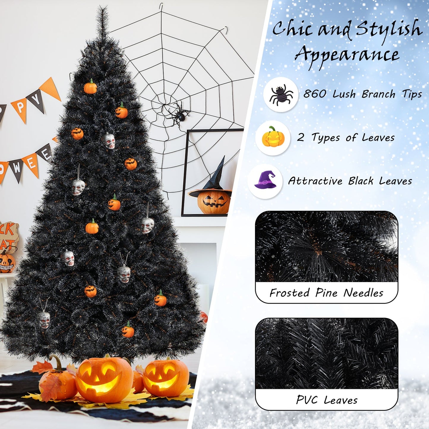 6/7/8 Feet Black Artificial Halloween Christmas Tree with PVC Branch Tips and 210/320/450 Cool White LED Lights