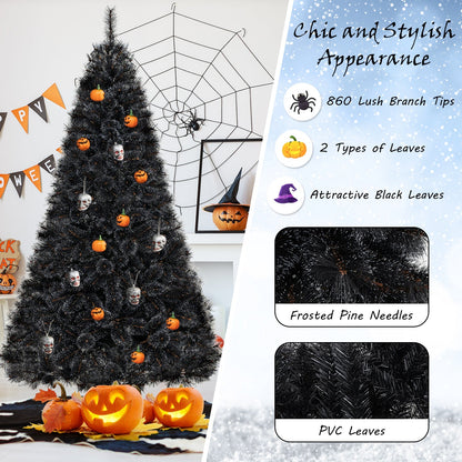 6/7/8 Feet Black Artificial Halloween Christmas Tree with PVC Branch Tips and 210/320/450 Cool White LED Lights