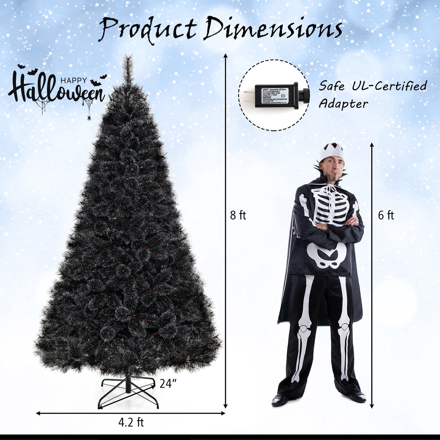 6/7/8 Feet Black Artificial Halloween Christmas Tree with PVC Branch Tips and 210/320/450 Cool White LED Lights