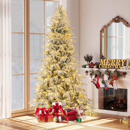 7 Feet Snow-flocked Artificial Christmas Tree Pre-lit Hinged Xmas Tree with Warm White LED Lights