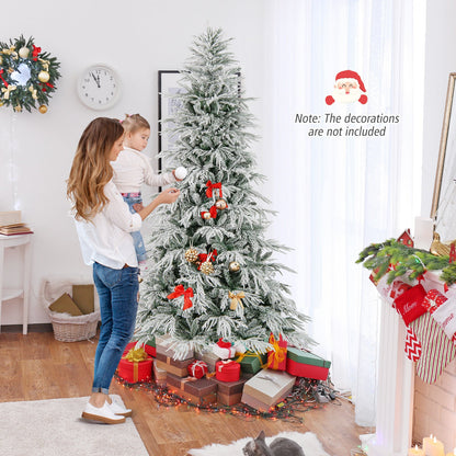 7 Feet Snow-flocked Artificial Christmas Tree Pre-lit Hinged Xmas Tree with Warm White LED Lights