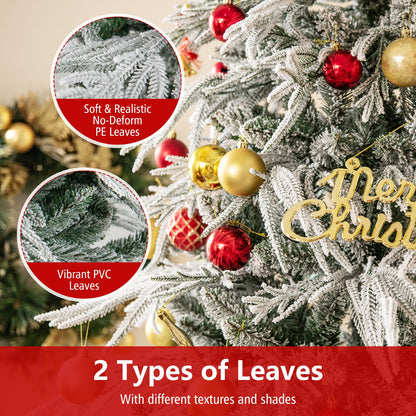 7 Feet Snow-flocked Artificial Christmas Tree Pre-lit Hinged Xmas Tree with Warm White LED Lights