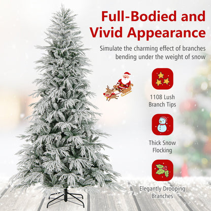 7 Feet Snow-flocked Artificial Christmas Tree Pre-lit Hinged Xmas Tree with Warm White LED Lights