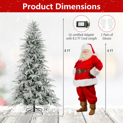 7 Feet Snow-flocked Artificial Christmas Tree Pre-lit Hinged Xmas Tree with Warm White LED Lights