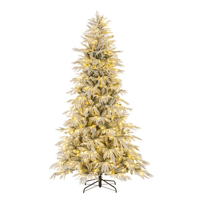 7 Feet Snow-flocked Artificial Christmas Tree Pre-lit Hinged Xmas Tree with Warm White LED Lights