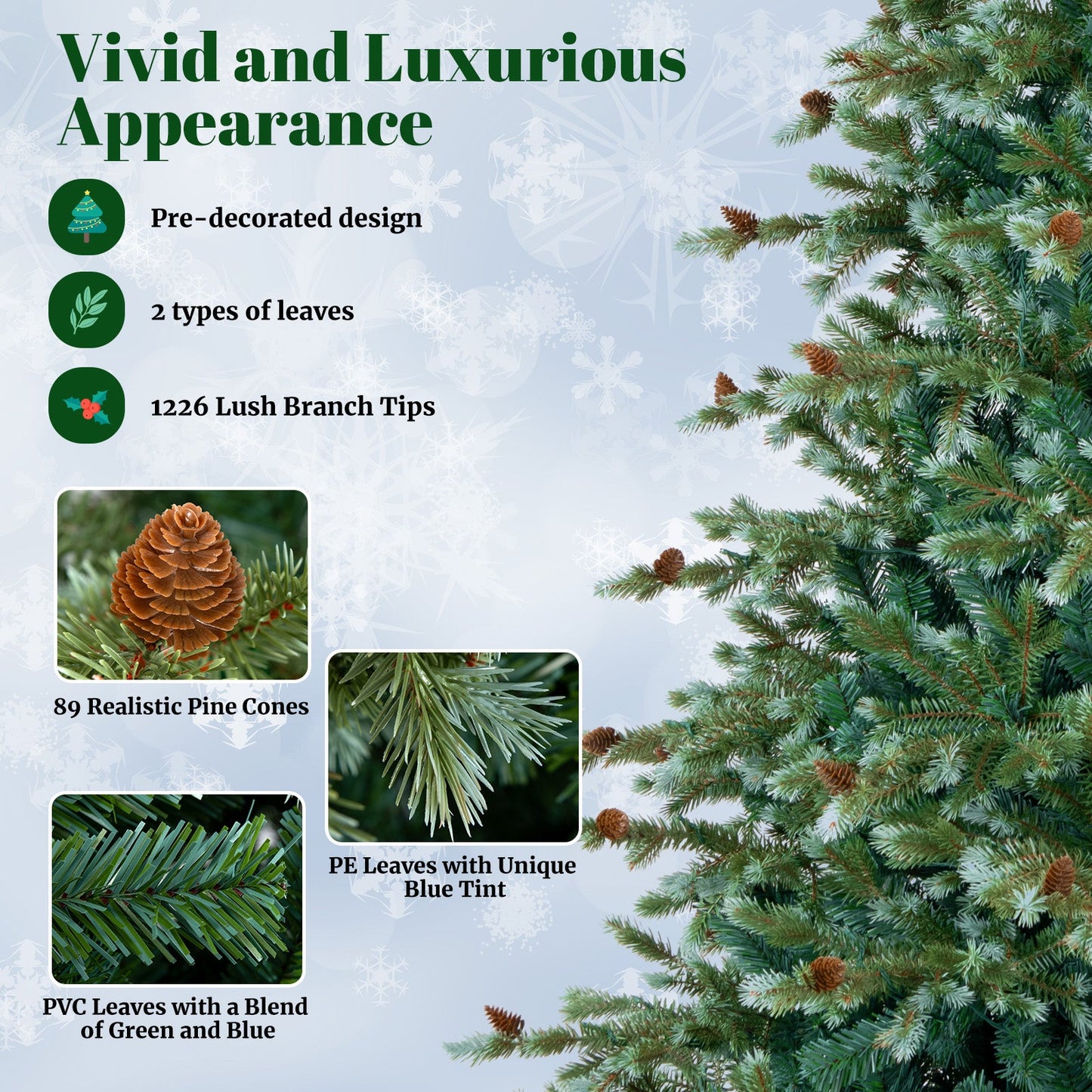 6/7/8 Feet Christmas Tree with Warm White LED Lights and Pine Cones