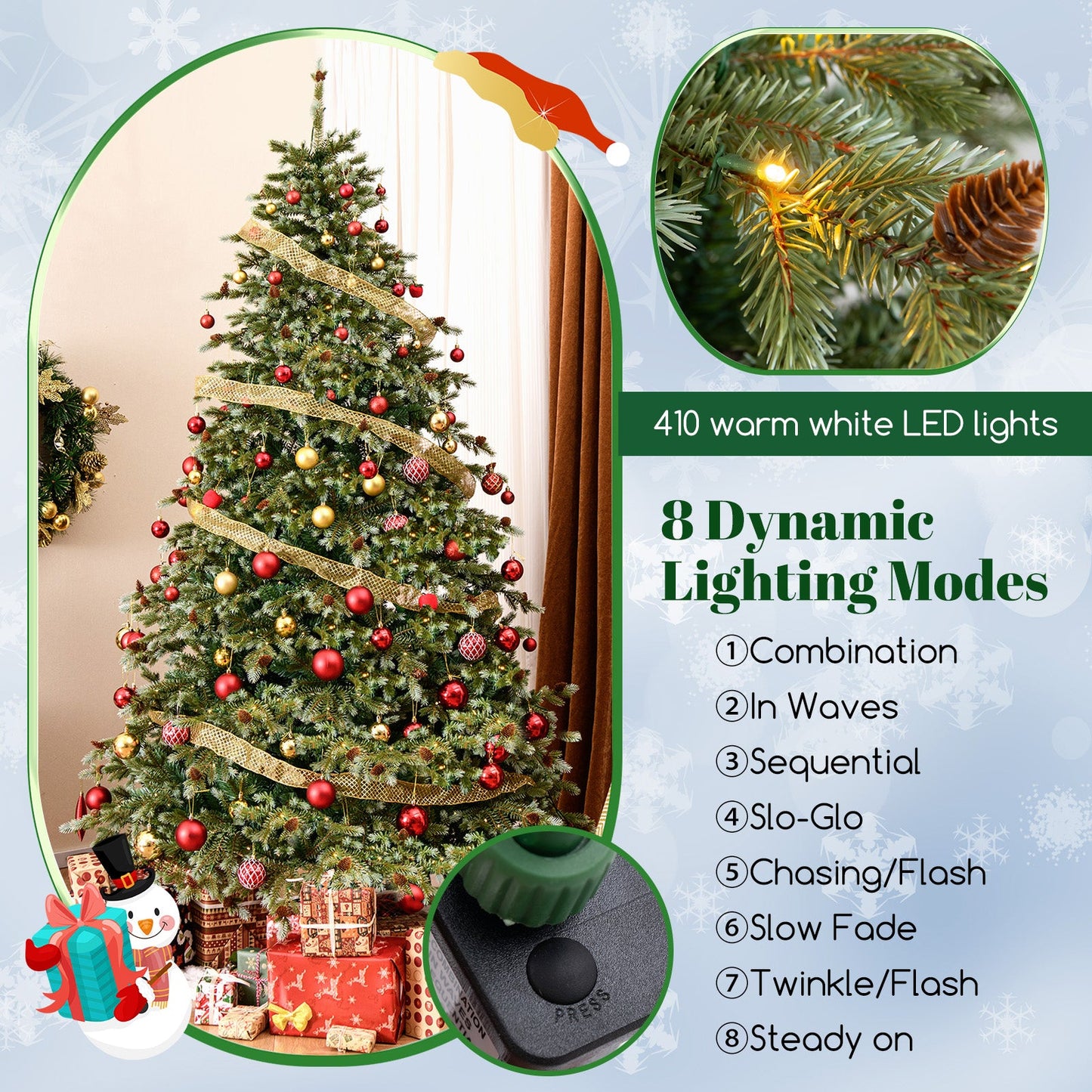 6/7/8 Feet Christmas Tree with Warm White LED Lights and Pine Cones
