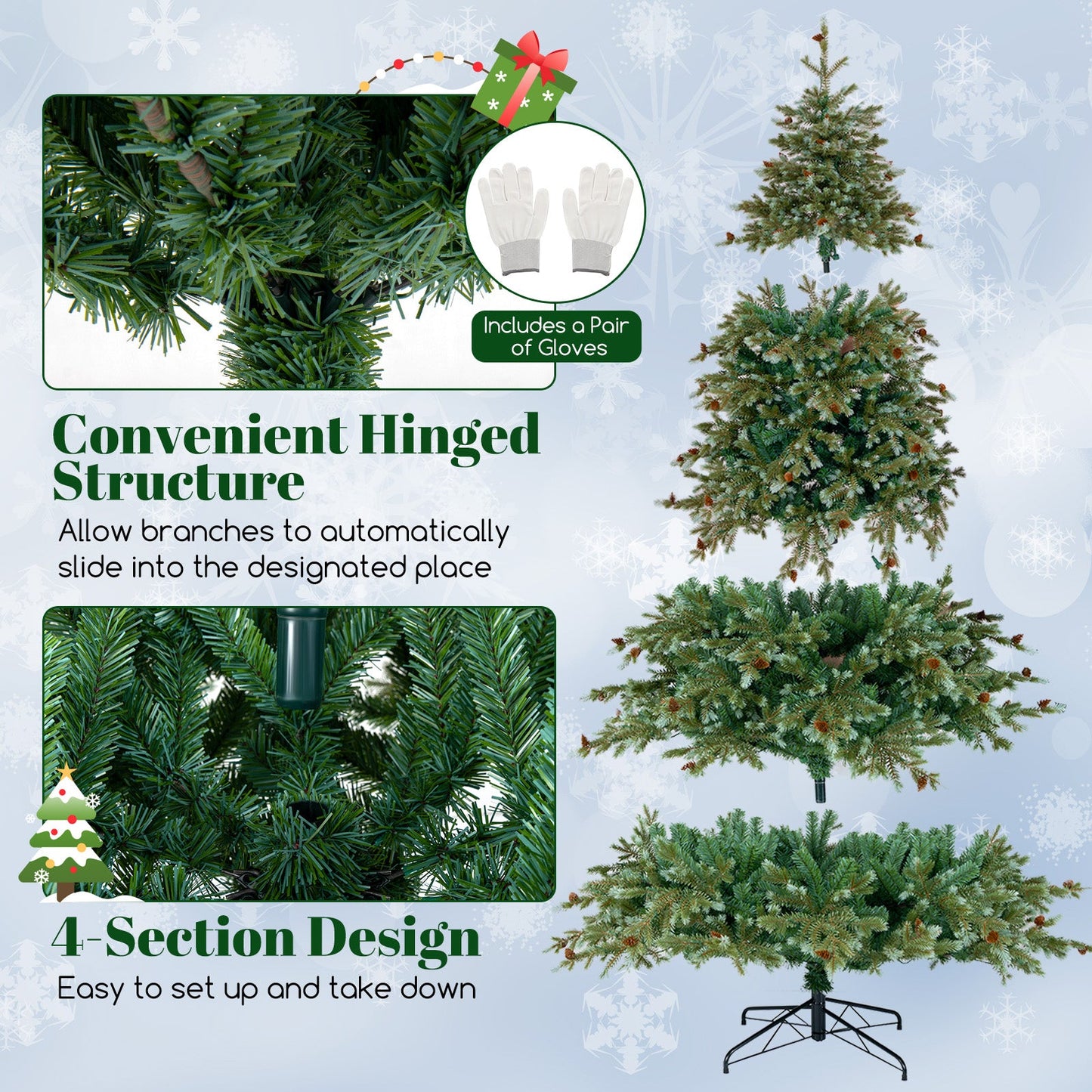 6/7/8 Feet Christmas Tree with Warm White LED Lights and Pine Cones