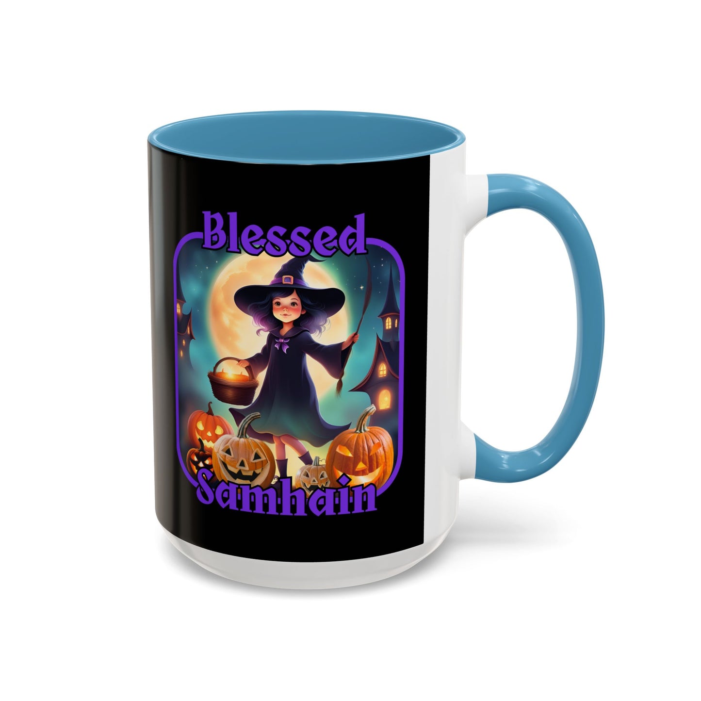 Blessed Samhain Little Witch Purple font Black Accent Mug by CreepyCrafts.boo
