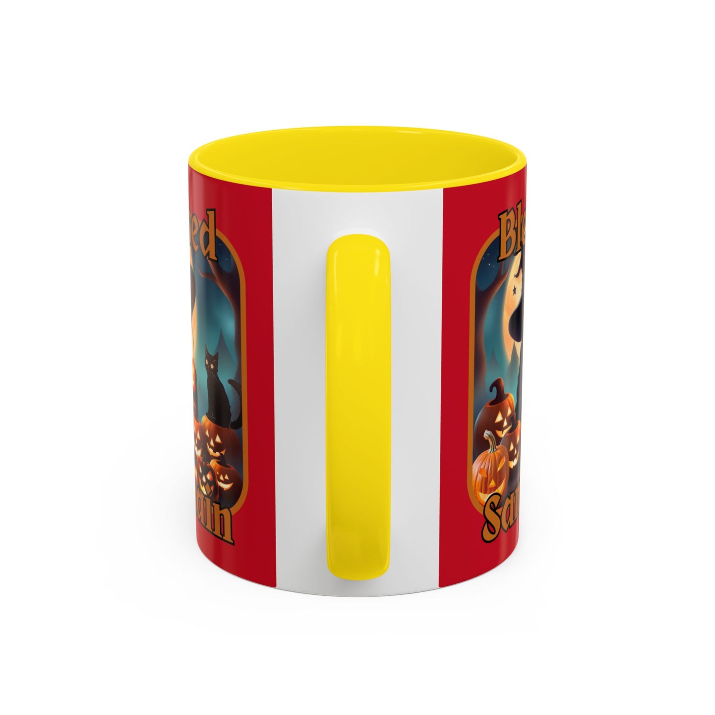 Blessed Samhain Cute Witch Orange font Red Accent Mug by CreepyCrafts.boo