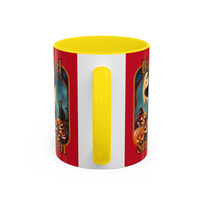 Blessed Samhain Cute Witch Orange font Red Accent Mug by CreepyCrafts.boo