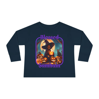 Blessed Samhain Cute Witch Purple font Toddler Long Sleeve Tee by CreepyCrafts.boo