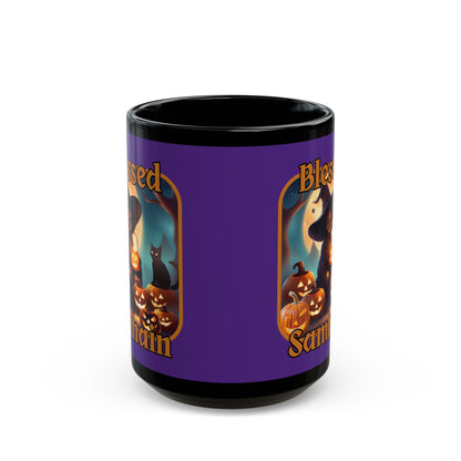 Blessed Samhain Cute Witch Orange font Purple Mug by CreepyCrafts.boo