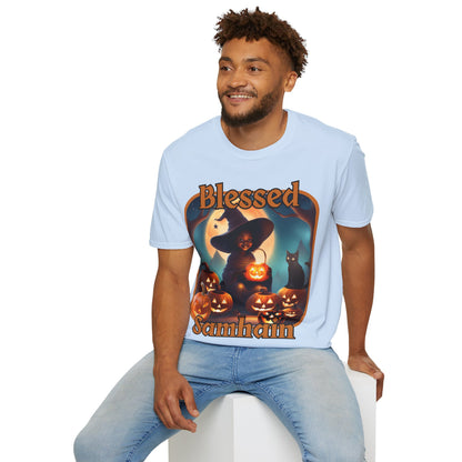 Blessed Samhain Cute Witch Orange font Light colors Unisex T-Shirt by CreepyCrafts.boo