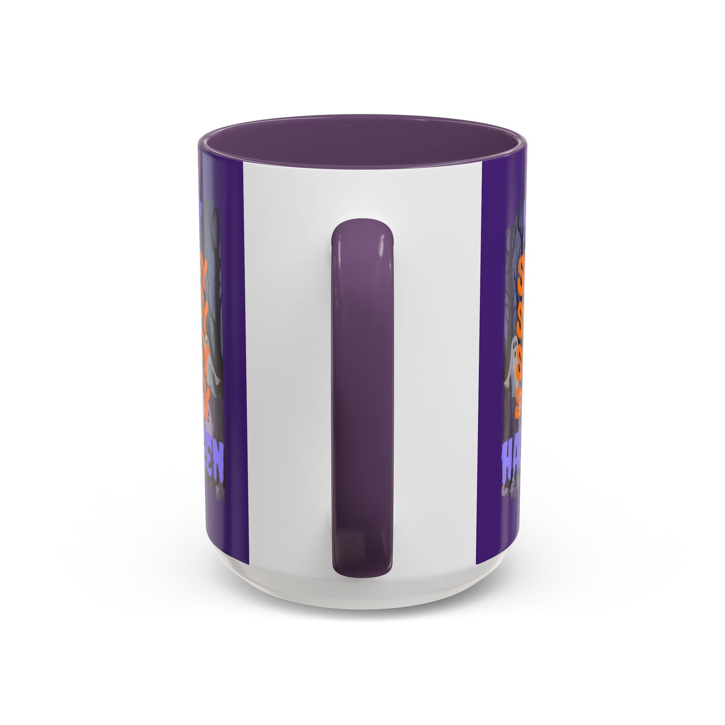 Spooky Happy Halloween Ghost Purple font Purple Accent Mug by CreepyCrafts.boo