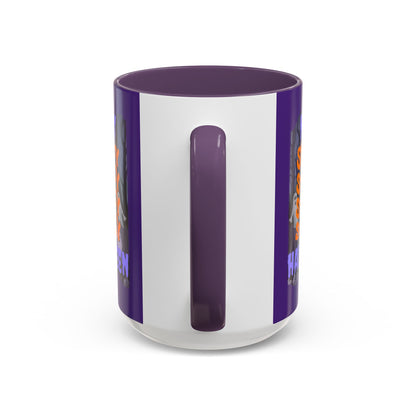 Spooky Happy Halloween Ghost Purple font Purple Accent Mug by CreepyCrafts.boo