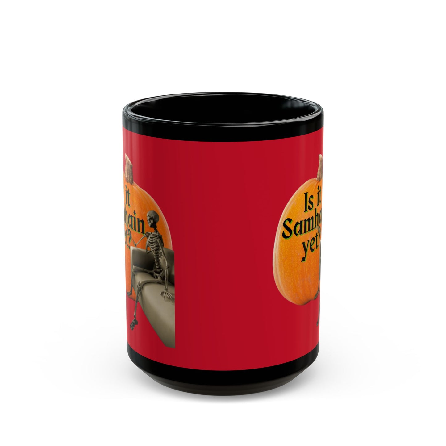 Is It Samhain Yet? Skeleton's Giant Pumpkin Red Mug by CreepyCrafts.boo